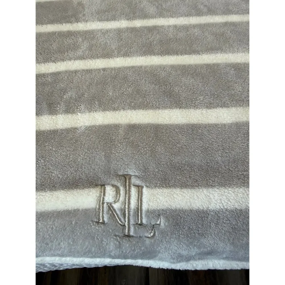 Lauren Ralph Lauren Full Queen Plush Micromink Blanket LRL Monogram Gray Stripe